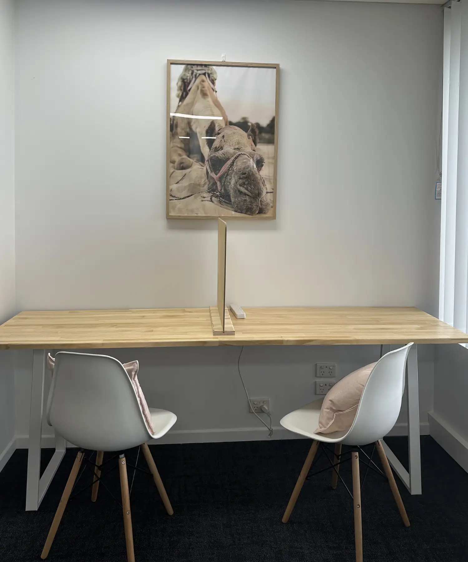 flexible access options wooden desk with two white chairs in light-filled office
